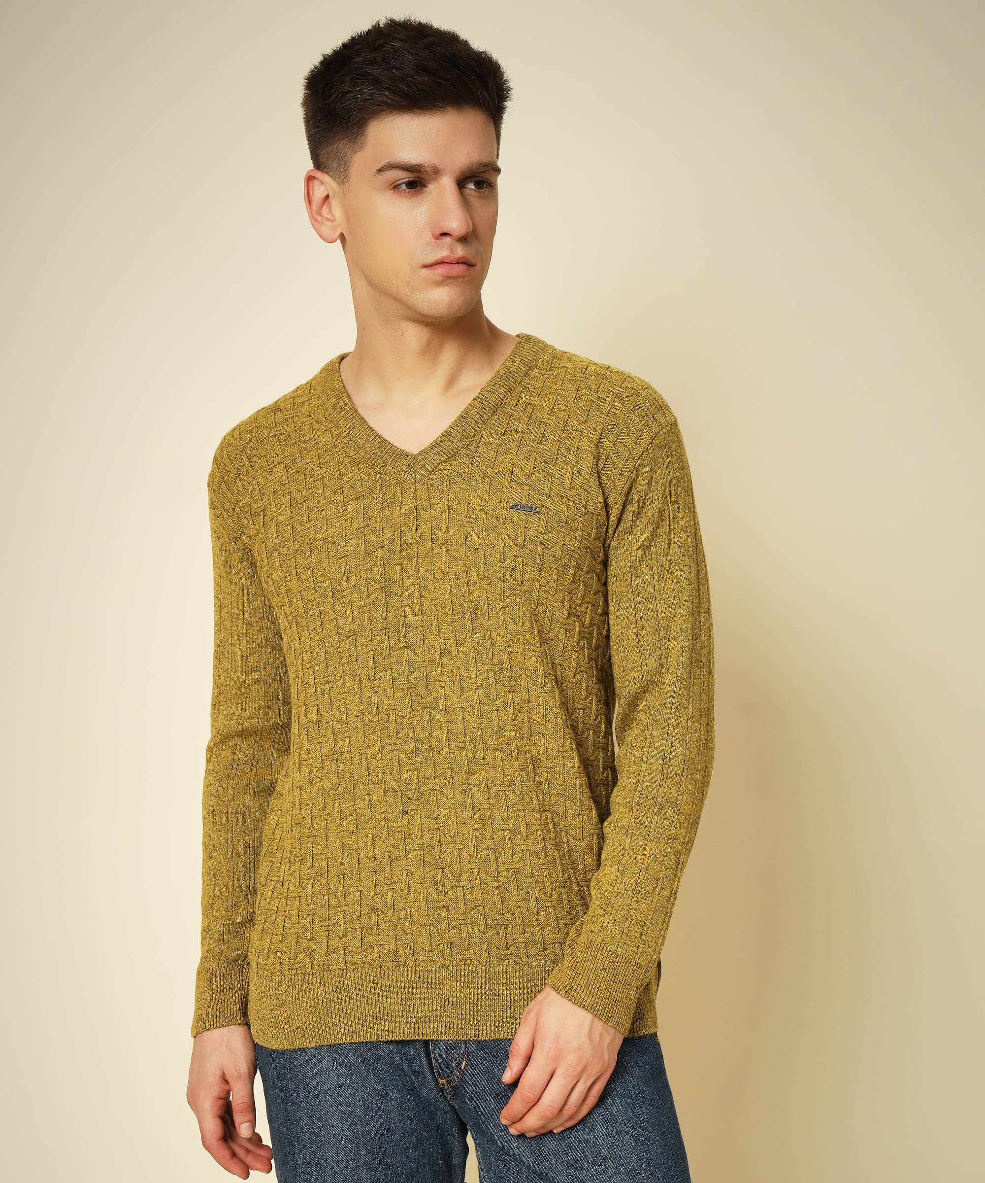    			HELL BOUND Woollen V-Neck Men's Full Sleeves Pullover Sweater - Mustard ( Pack of 1 )