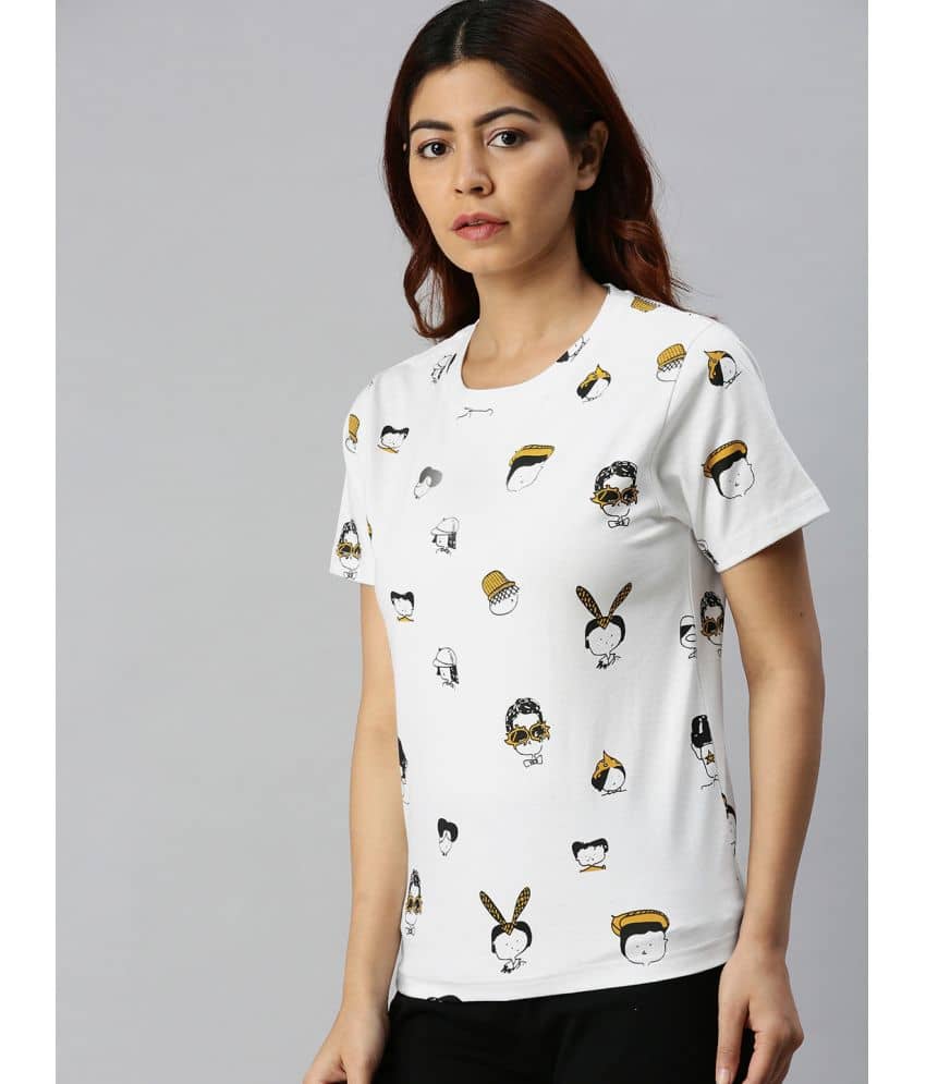 JUNEBERRY Women Cotton Printed Regular Fit Round Neck T-Shirt ( White )