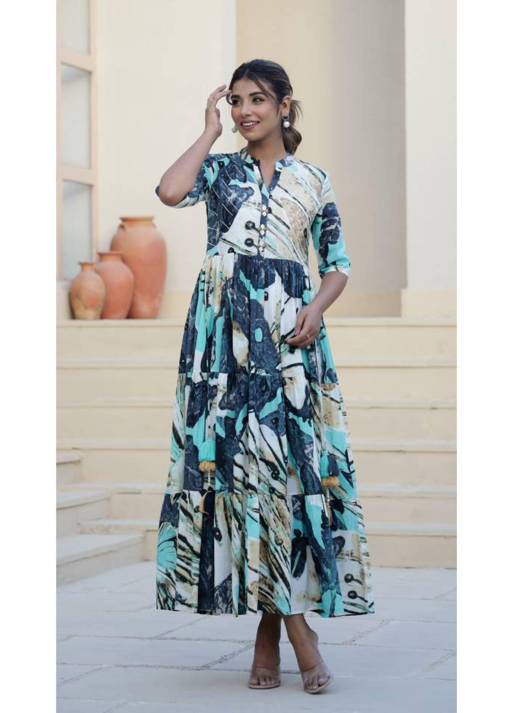 Label Flavia Women Cotton Printed Gown ( Light Blue ) Label Flavia Women Cotton Printed Gown ( Light Blue )