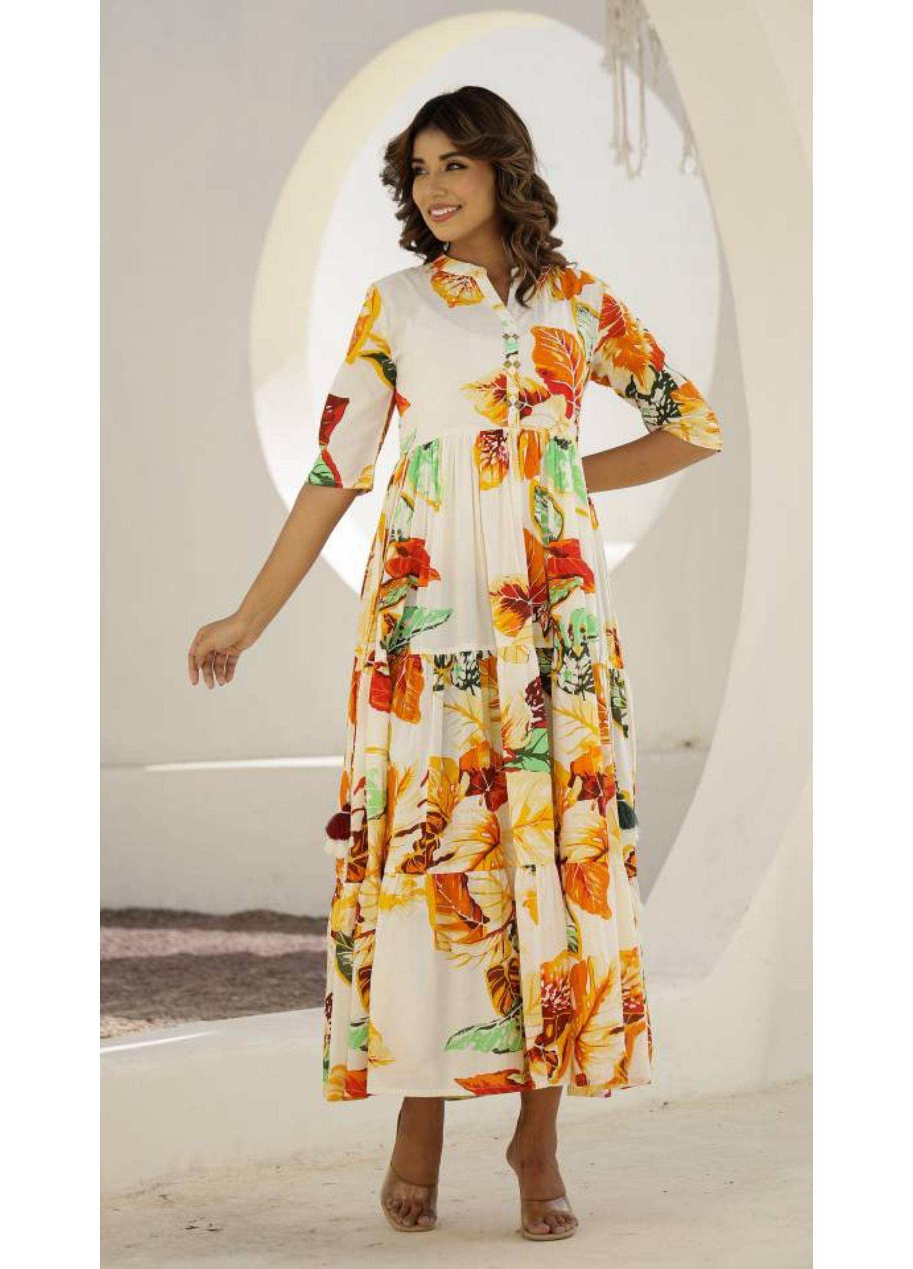 Label Flavia Women Cotton Printed Gown ( White ) Label Flavia Women Cotton Printed Gown ( White )