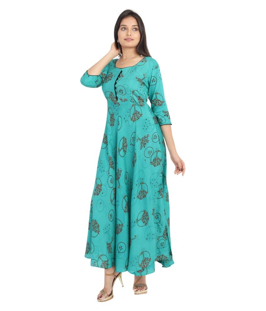 MEESORRA - Turquoise Rayon Women's Flared Kurti ( Pack of 1 ) - Kurtis, Tunics | Buy online on ZillyBuy