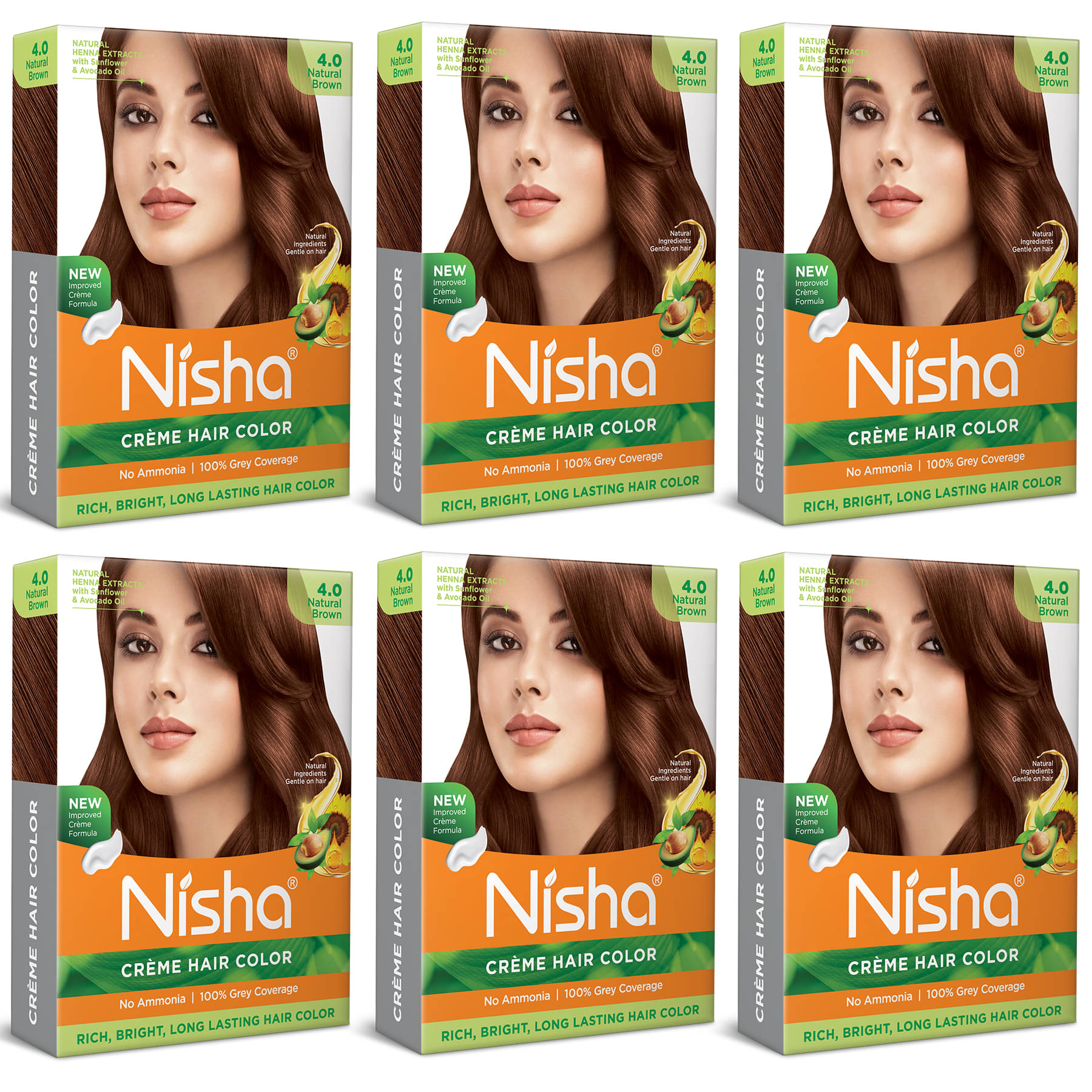 Nisha Creme Hair Color Natural Brown 40gm Pack of 6, Permanent Hair Color for Women Men, No Ammonia, 100% Grey Coverage Nisha Creme Hair Color Natural Brown 40gm Pack of 6, Permanent Hair Color for Women Men, No Ammonia, 100% Grey Coverage