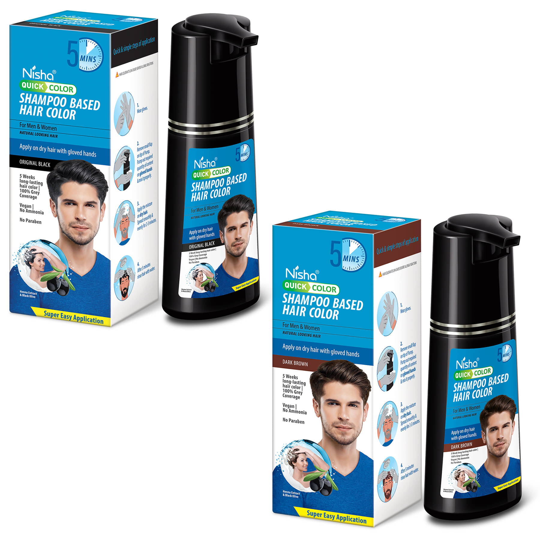     			Nisha Shampoo Hair Color 180ml Combo Pack (1 Original Black & 1 Dark Brown), 5 Weeks Long Lasting Hair Colour Shampoo