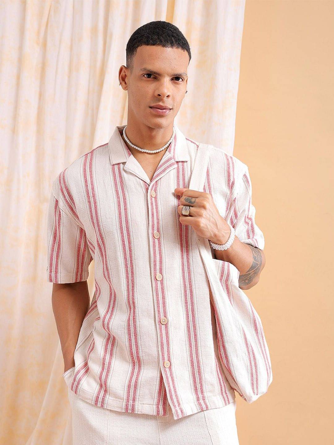     			The Indian Garage Co Striped Cuban Collar Pure Cotton Oversized Casual Shirt