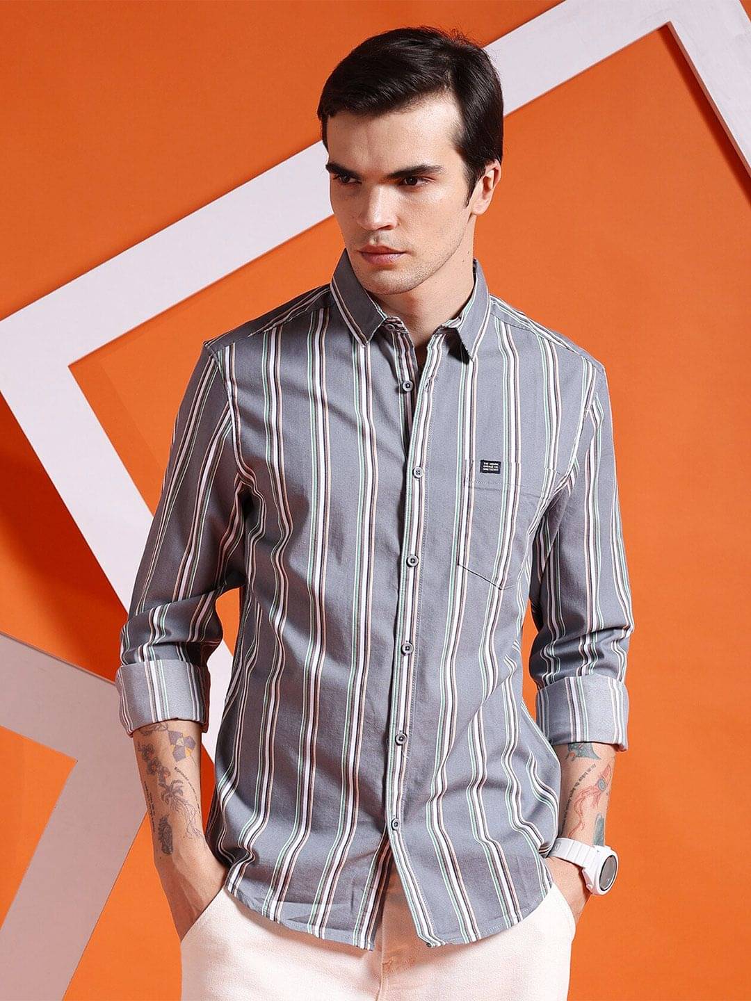     			The Indian Garage Co Slim Fit Vertical Striped Casual Pure Cotton Shirt