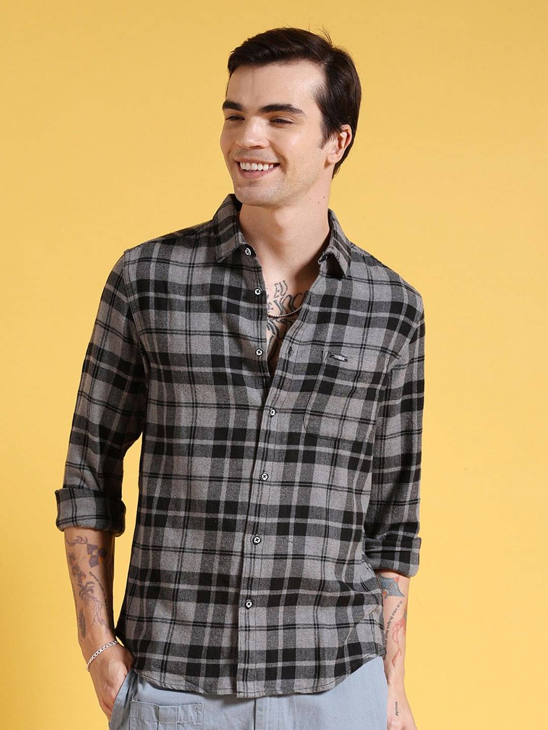 The Indian Garage Co Men Grey Slim Fit Checked Casual Shirt The Indian Garage Co Men Grey Slim Fit Checked Casual Shirt