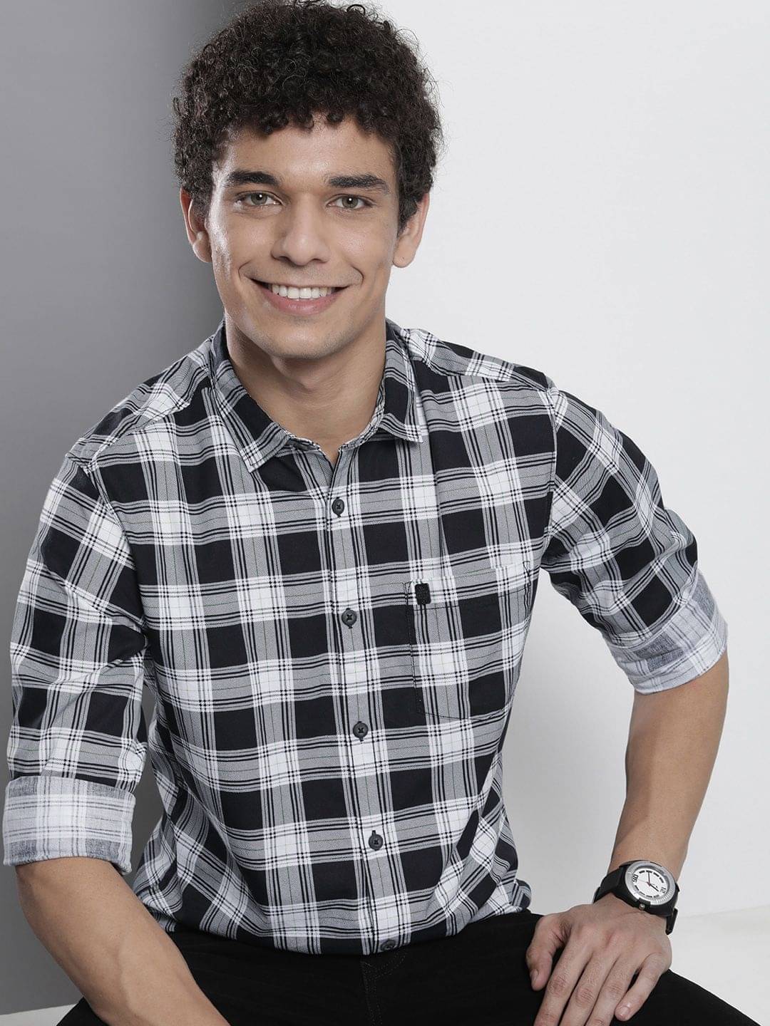 The Indian Garage Co Men Black & White Checked Cotton Casual Shirt The Indian Garage Co Men Black & White Checked Cotton Casual Shirt