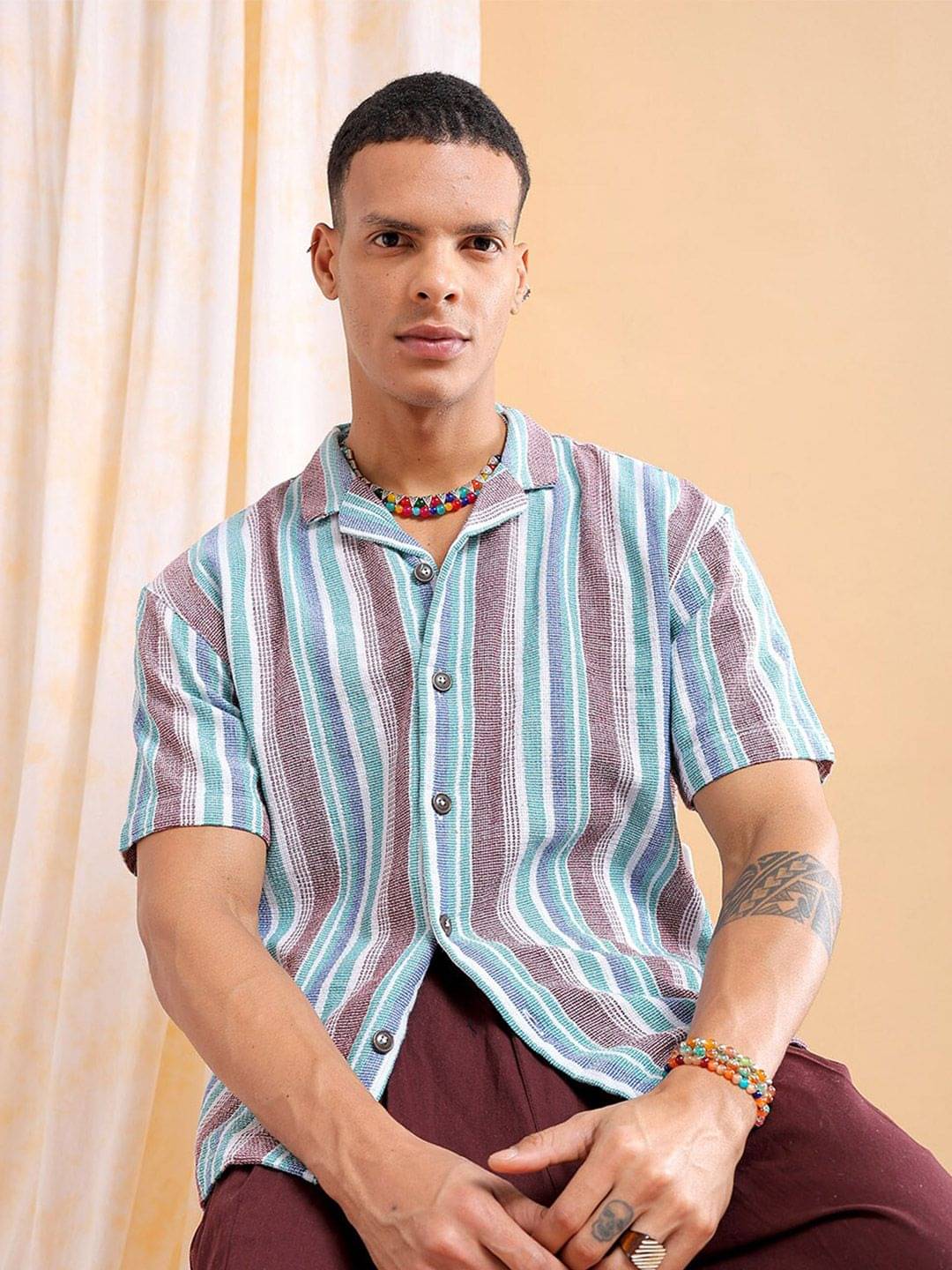     			The Indian Garage Co Striped Cuban Collar Pure Cotton Oversized Casual Shirt