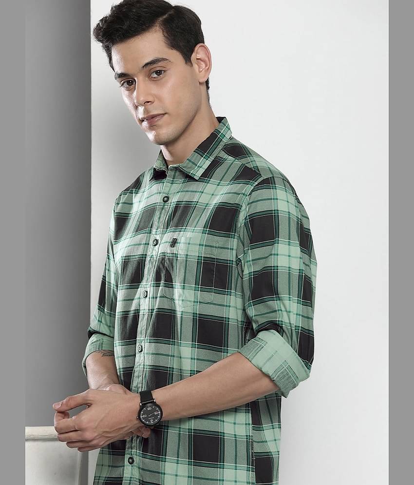The Indian Garage Co Men Black & Green Tartan Checks Pure Cotton Casual Shirt