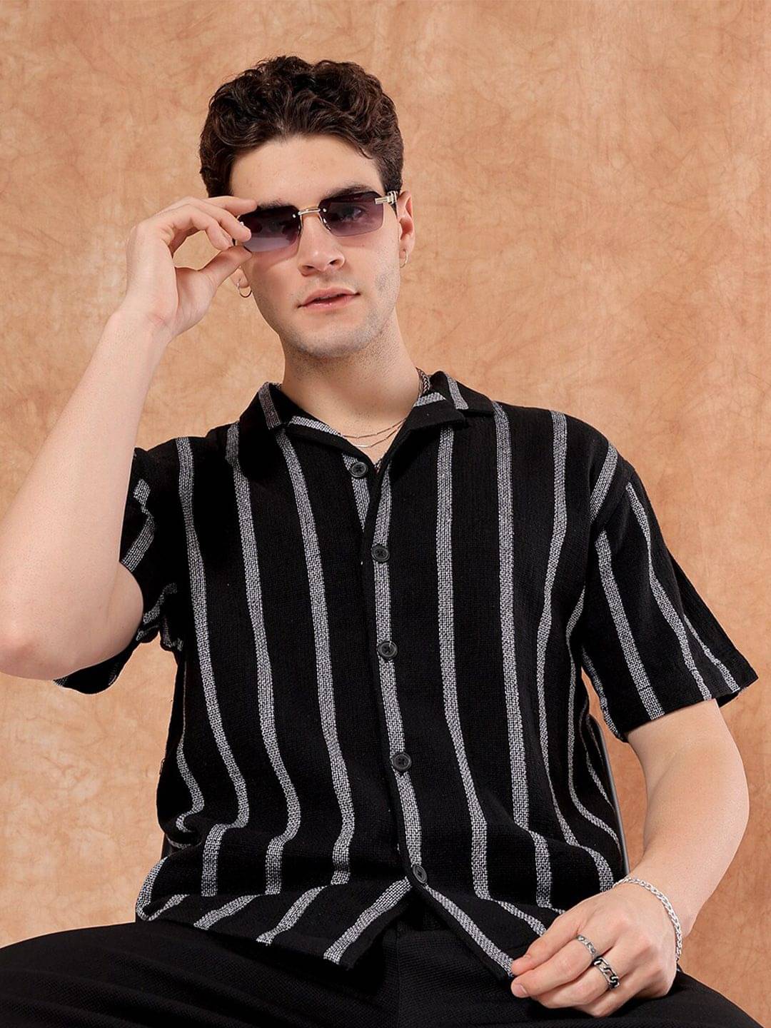 The Indian Garage Co Striped Cuban Collar Cotton Oversized Casual Shirt The Indian Garage Co Striped Cuban Collar Cotton Oversized Casual Shirt
