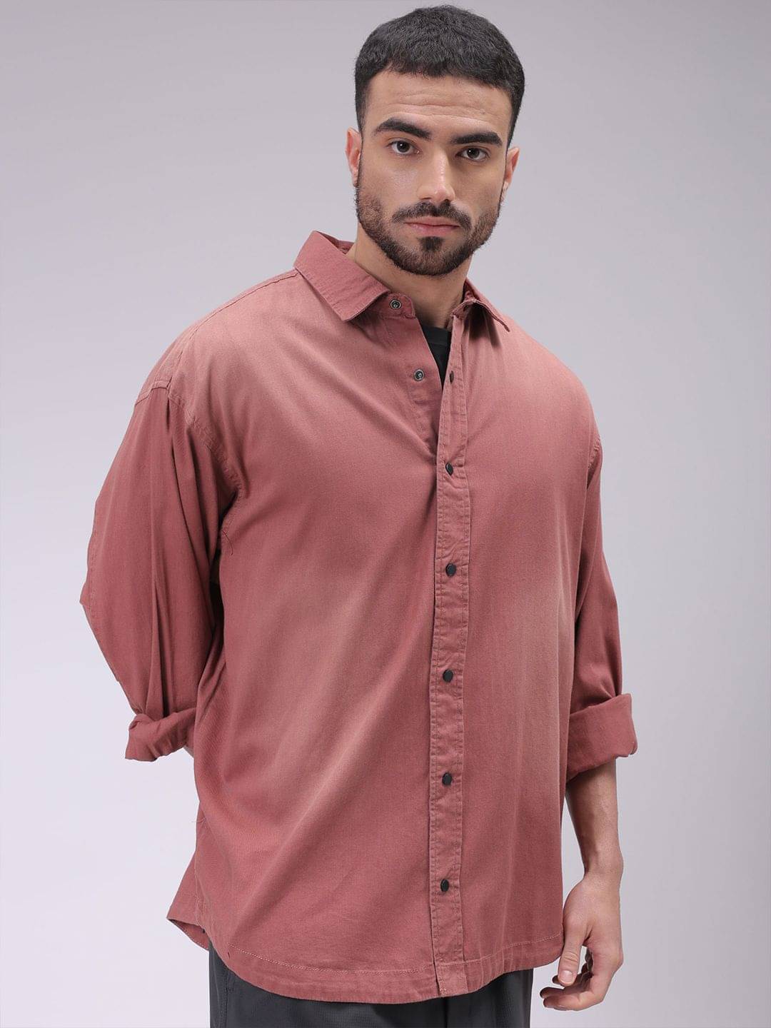 The Indian Garage Co Men Cutaway Collar Solid Cotton Oversized Casual Shirt     			The Indian Garage Co Men Cutaway Collar Solid Cotton Oversized Casual Shirt