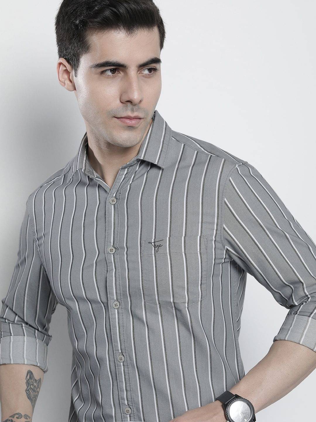 The Indian Garage Co Men Grey Striped Casual Shirt The Indian Garage Co Men Grey Striped Casual Shirt