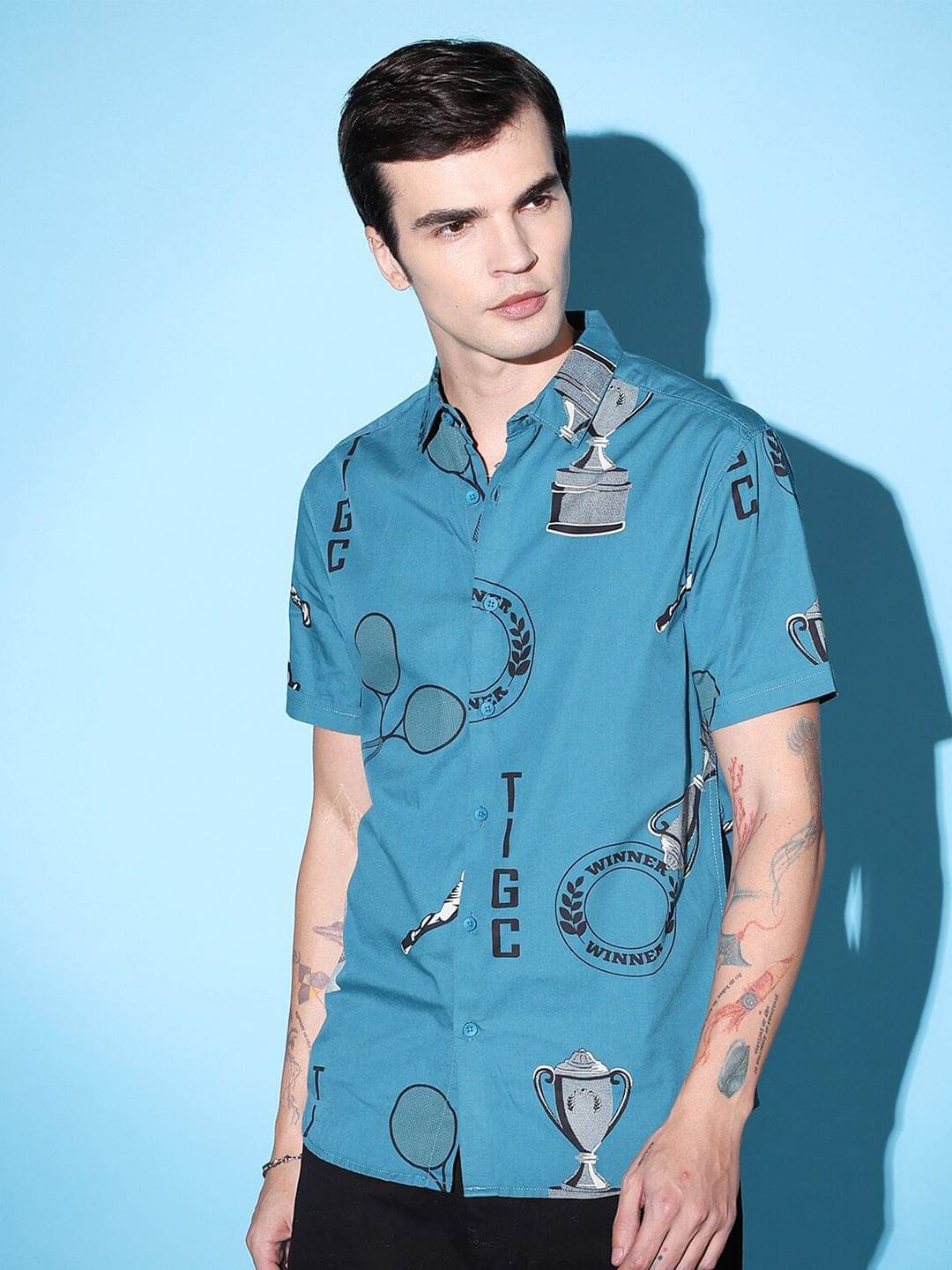     			The Indian Garage Co Blue Slim Fit Conversational Printed Cotton Casual Shirt