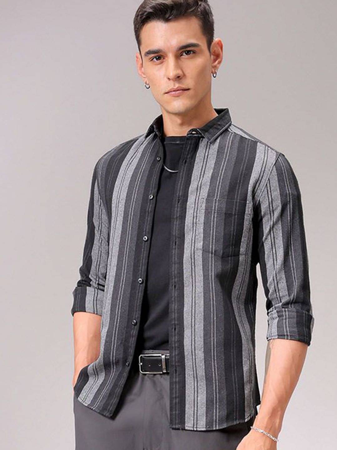 The Indian Garage Co Men Cutaway Collar Vertical Striped Cotton Slim Fit Casual Shirt The Indian Garage Co Men Cutaway Collar Vertical Striped Cotton Slim Fit Casual Shirt