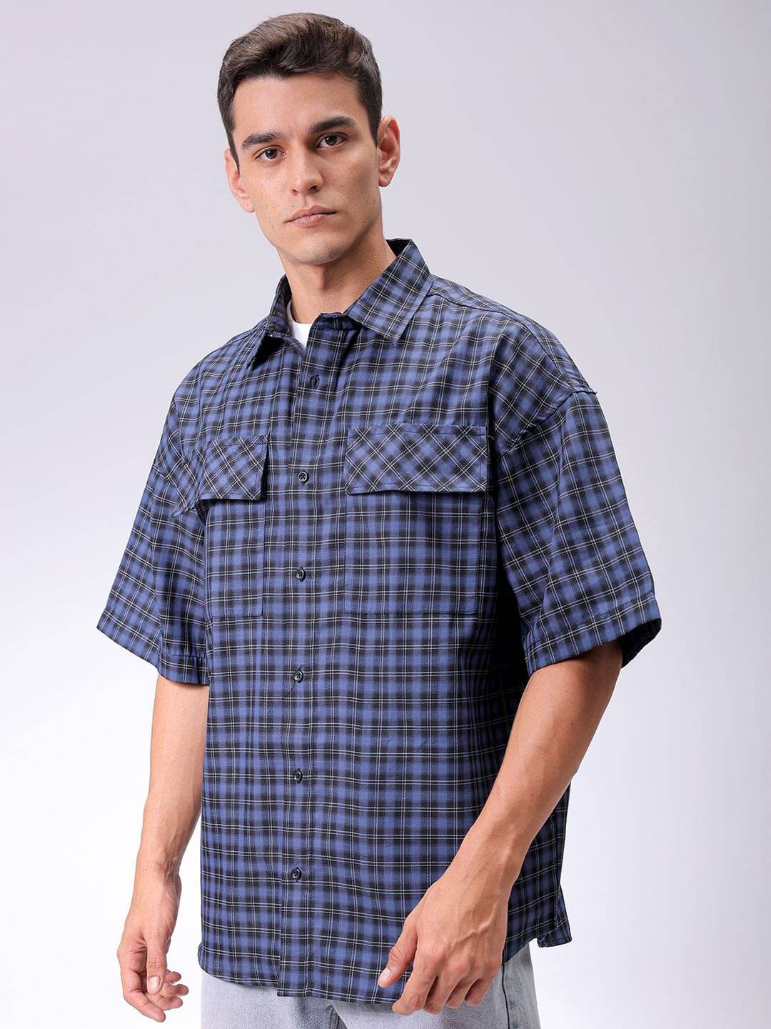 The Indian Garage Co Men Cutaway Collar Checked Cotton Oversized Casual Shirt The Indian Garage Co Men Cutaway Collar Checked Cotton Oversized Casual Shirt