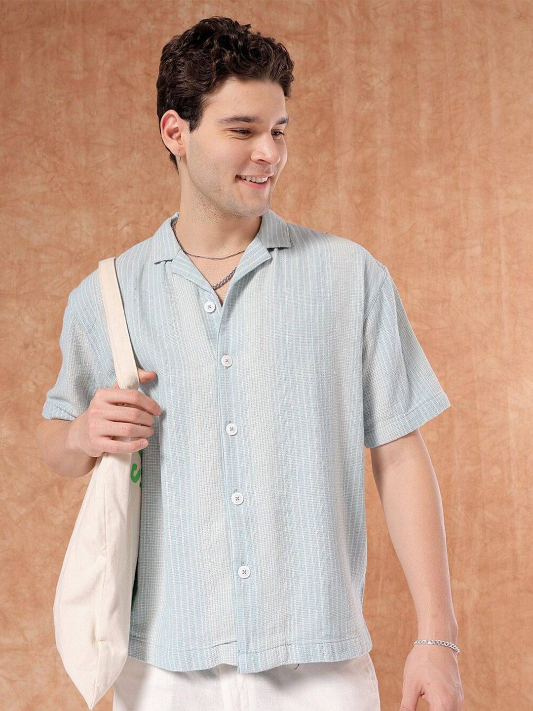 The Indian Garage Co Striped Cuban Collar Pure Cotton Oversized Casual Shirt The Indian Garage Co Striped Cuban Collar Pure Cotton Oversized Casual Shirt