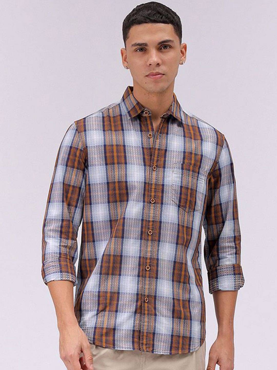 The Indian Garage Co Men Cutaway Collar Checked Cotton Slim Fit Casual Shirt     			The Indian Garage Co Men Cutaway Collar Checked Cotton Slim Fit Casual Shirt