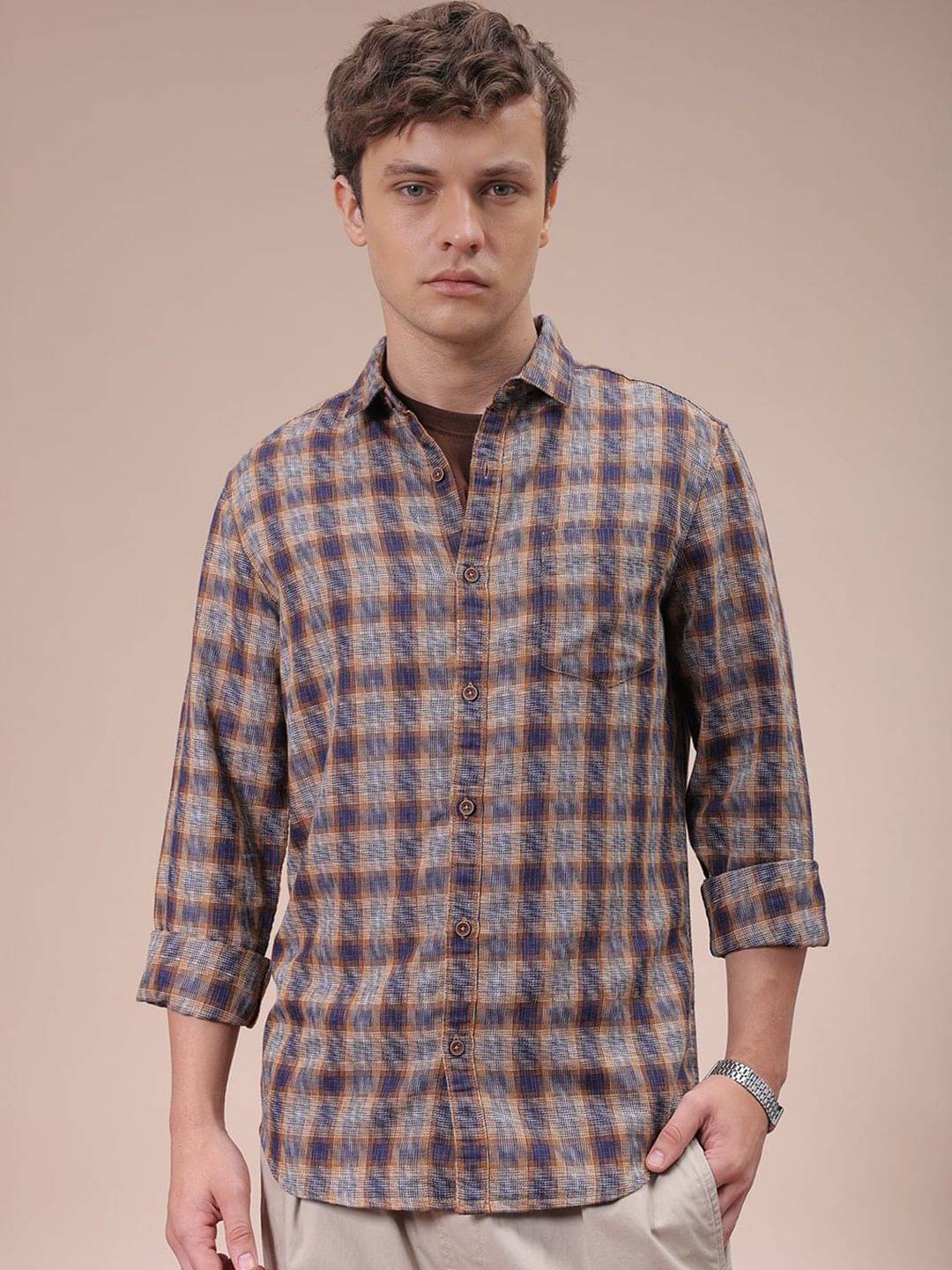 The Indian Garage Co Men Cutaway Collar Checked Cotton Slim Fit Casual Shirt     			The Indian Garage Co Men Cutaway Collar Checked Cotton Slim Fit Casual Shirt