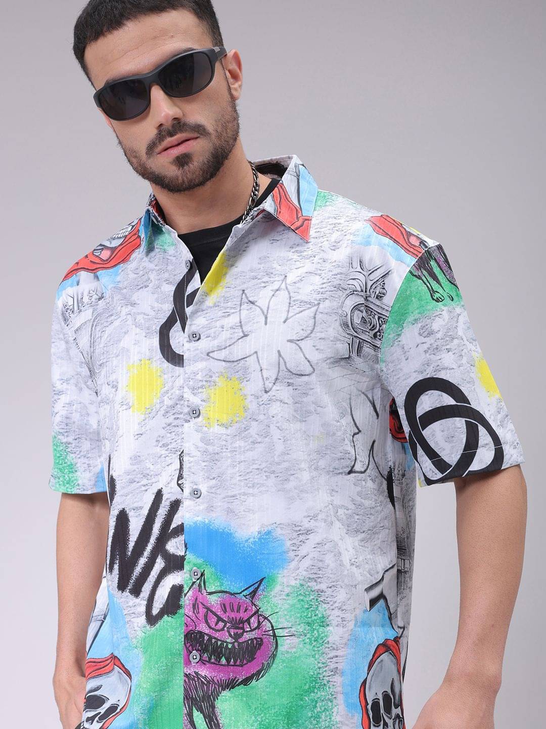 The Indian Garage Co Men Cutaway Collar Conversational Printed Boxy Casual Shirt The Indian Garage Co Men Cutaway Collar Conversational Printed Boxy Casual Shirt