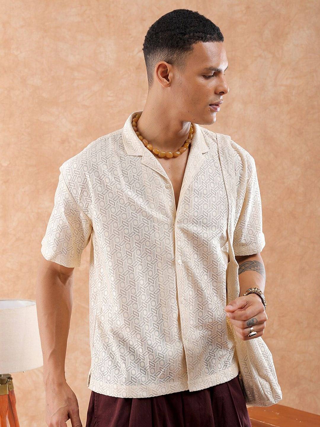 The Indian Garage Co Self Design Cuban Collar Oversized Casual Shirt The Indian Garage Co Self Design Cuban Collar Oversized Casual Shirt