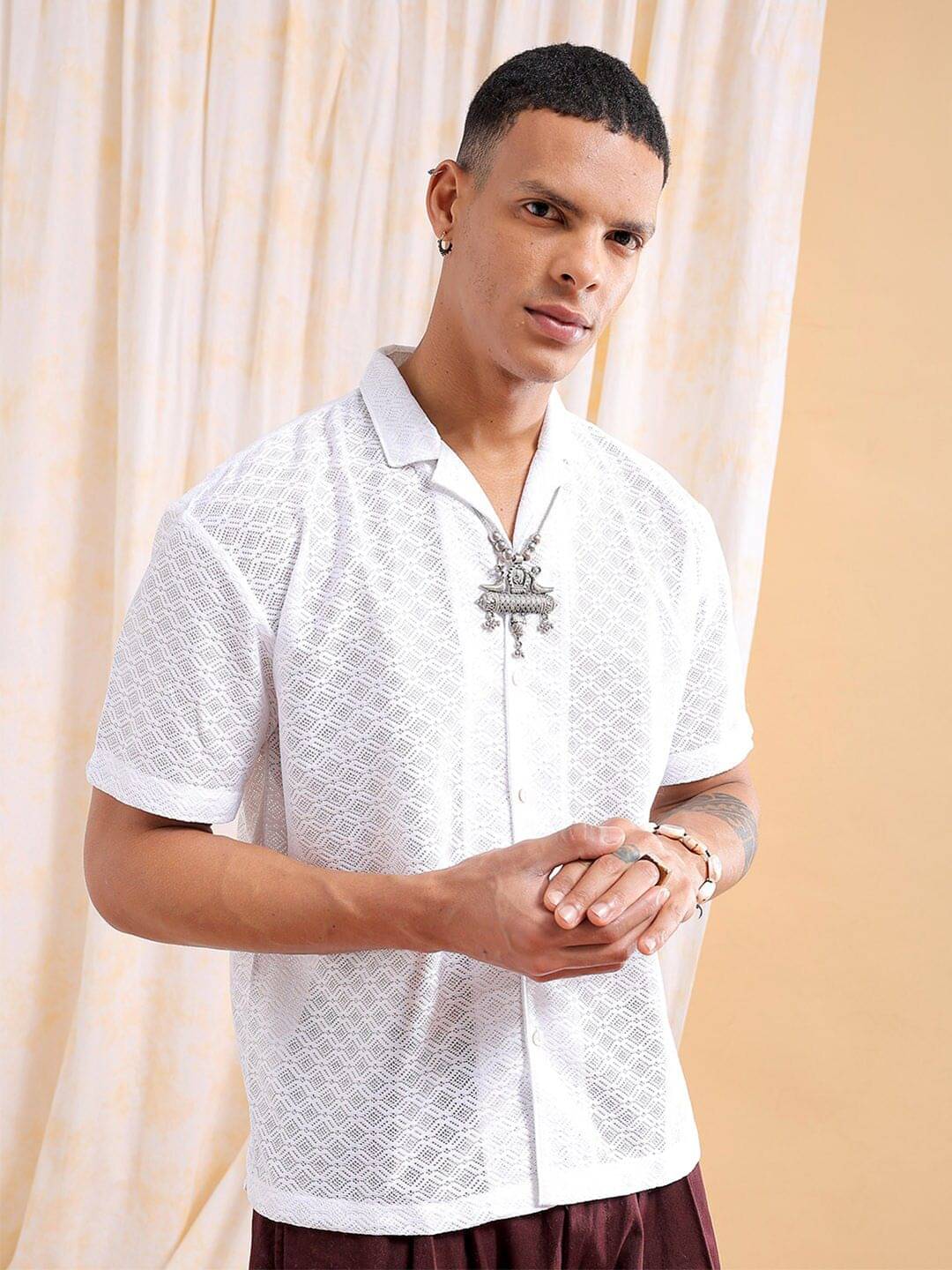     			The Indian Garage Co Self Design Cuban Collar Oversized Casual Shirt
