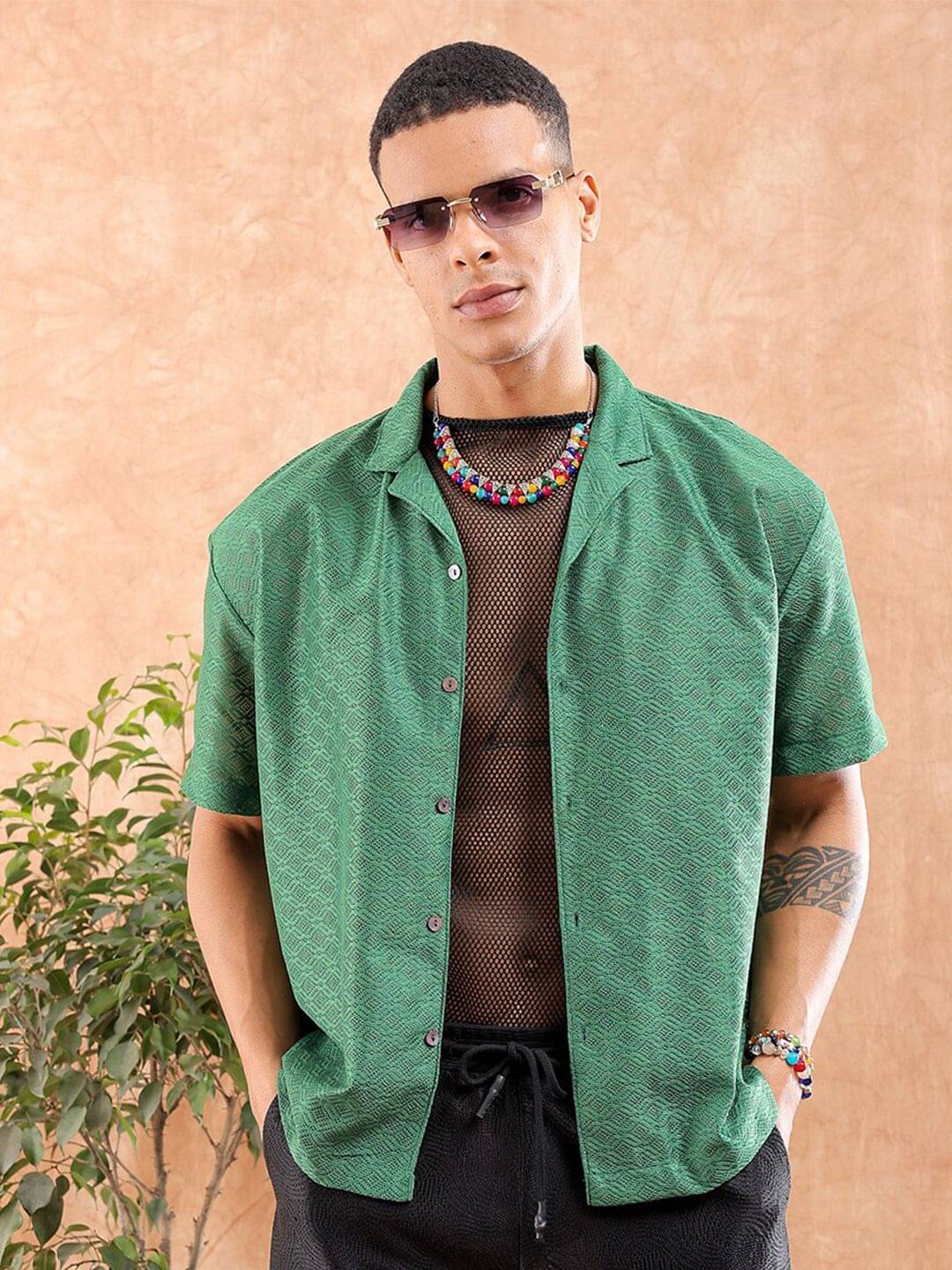     			The Indian Garage Co Self Design Cuban Collar Oversized Casual Shirt