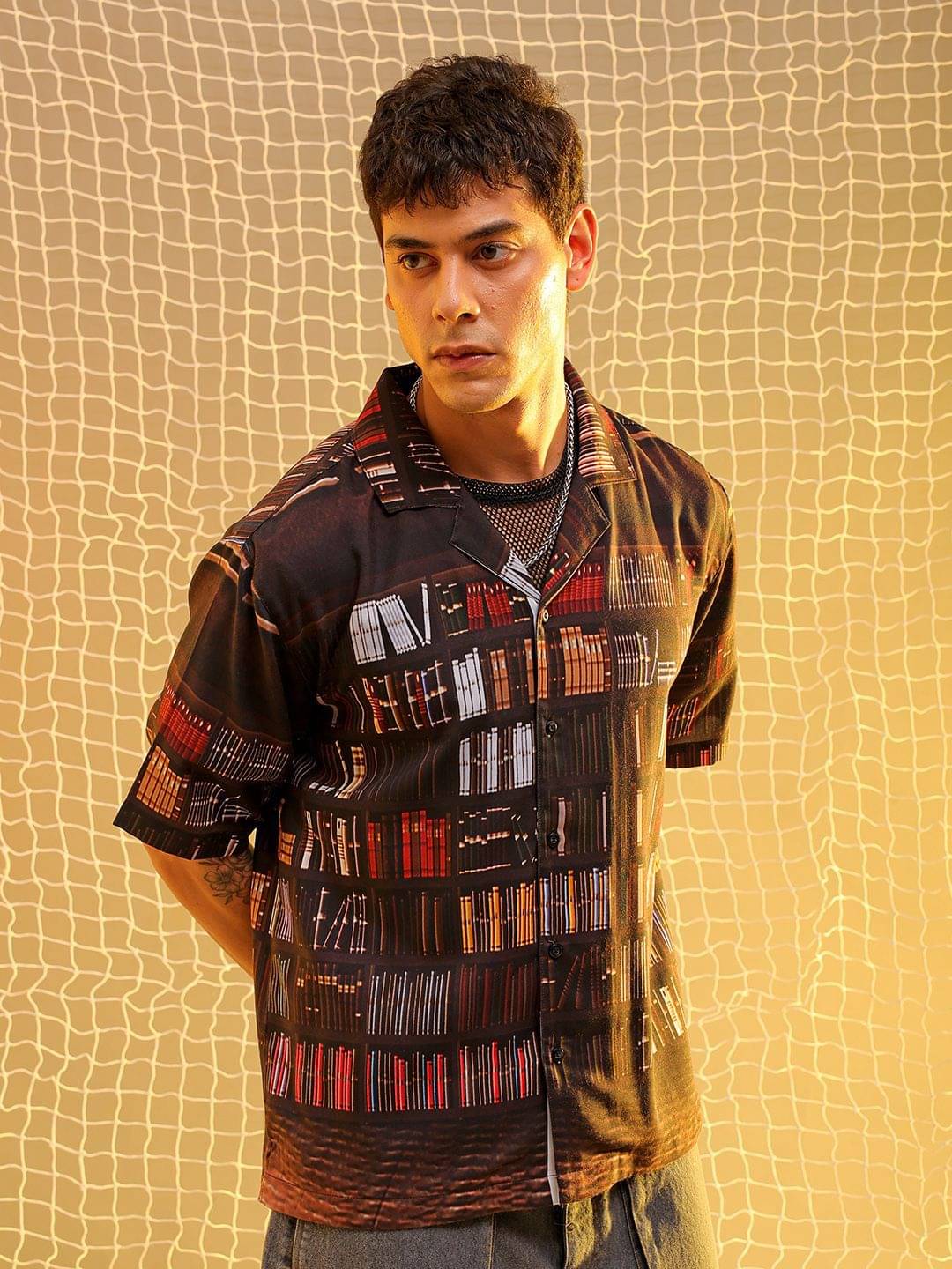 The Indian Garage Co Men Cuban Collar Graphic Printed Oversized Casual Shirt     			The Indian Garage Co Men Cuban Collar Graphic Printed Oversized Casual Shirt