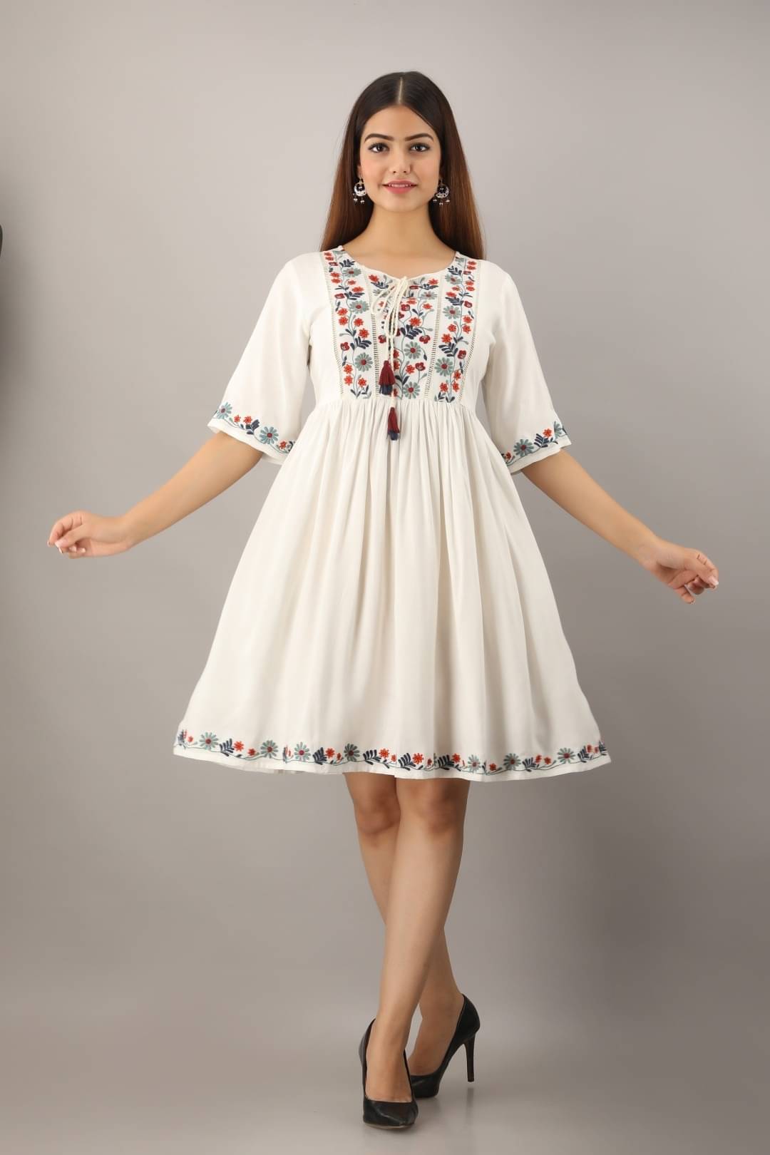rixry Women Rayon Embroidered Fit & Flare Dress ( Off White ) rixry Women Rayon Embroidered Fit & Flare Dress ( Off White )