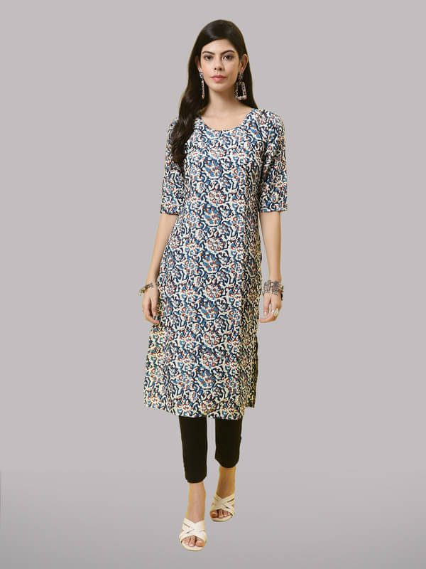 1 Stop Fashion Pack of 1 Crepe Printed Straight Women's Kurti - ( Blue )     			1 Stop Fashion Pack of 1 Crepe Printed Straight Women's Kurti - ( Blue )