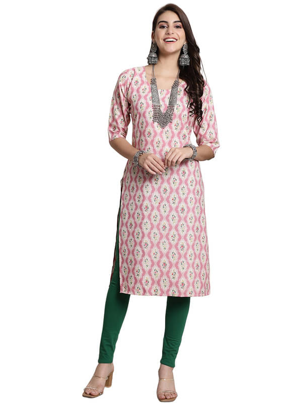 1 Stop Fashion Pack of 1 Crepe Printed Straight Women's Kurti - ( Pink )     			1 Stop Fashion Pack of 1 Crepe Printed Straight Women's Kurti - ( Pink )