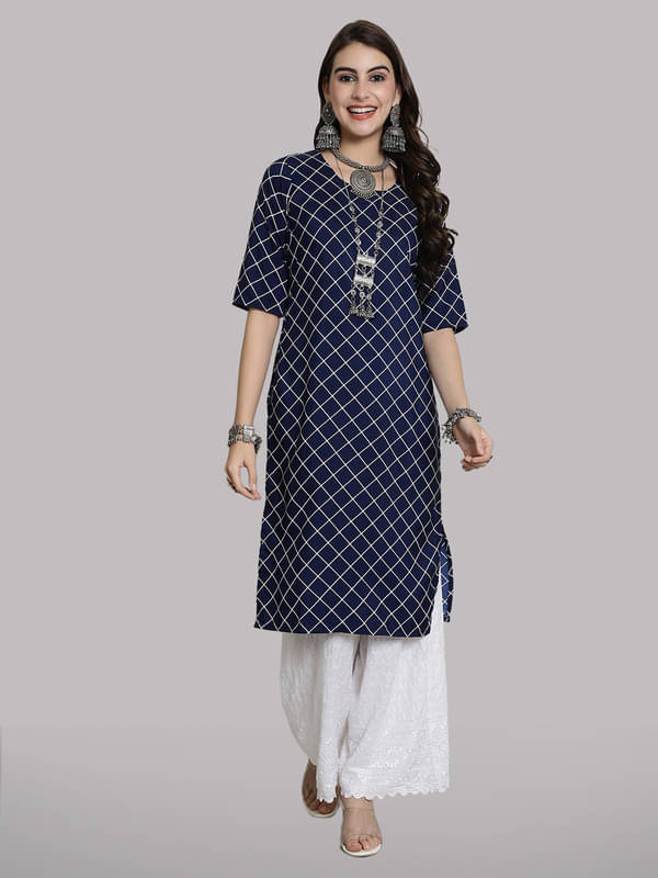 1 Stop Fashion Pack of 1 Crepe Checks Straight Women's Kurti - ( Navy Blue )     			1 Stop Fashion Pack of 1 Crepe Checks Straight Women's Kurti - ( Navy Blue )