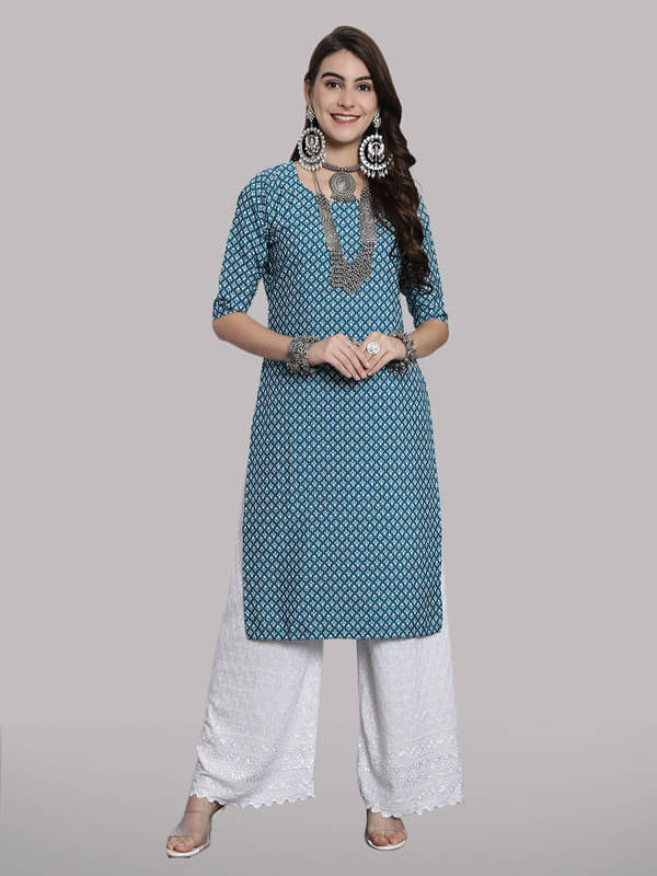 1 Stop Fashion Pack of 1 Crepe Printed Straight Women's Kurti - ( Teal )     			1 Stop Fashion Pack of 1 Crepe Printed Straight Women's Kurti - ( Teal )