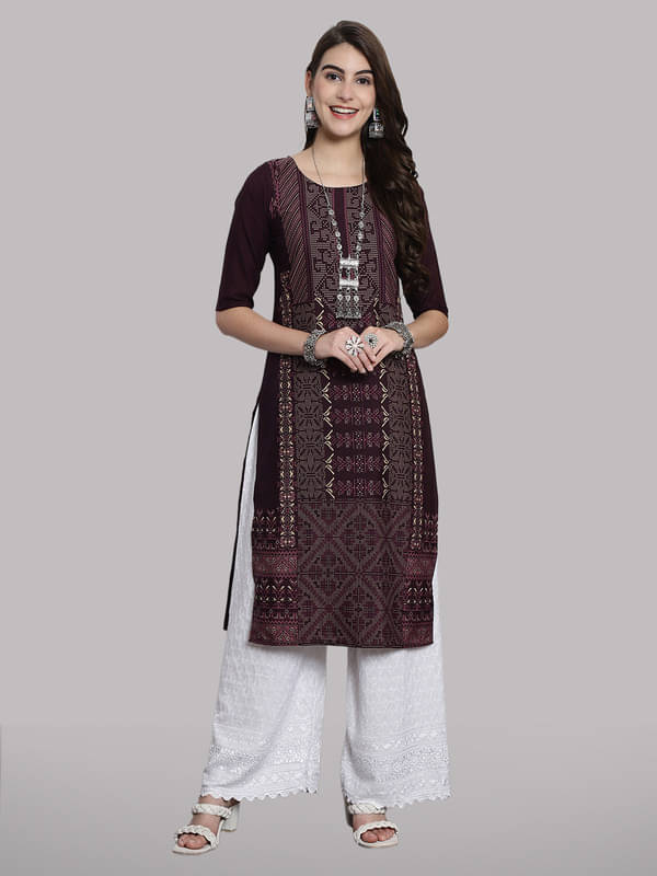 1 Stop Fashion Pack of 1 Crepe Printed Straight Women's Kurti - ( Purple ) 1 Stop Fashion Pack of 1 Crepe Printed Straight Women's Kurti - ( Purple )