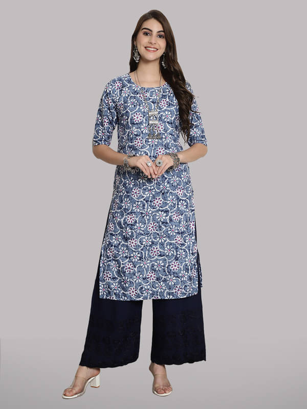 1 Stop Fashion Pack of 1 Crepe Printed Straight Women's Kurti - ( Light Blue )     			1 Stop Fashion Pack of 1 Crepe Printed Straight Women's Kurti - ( Light Blue )