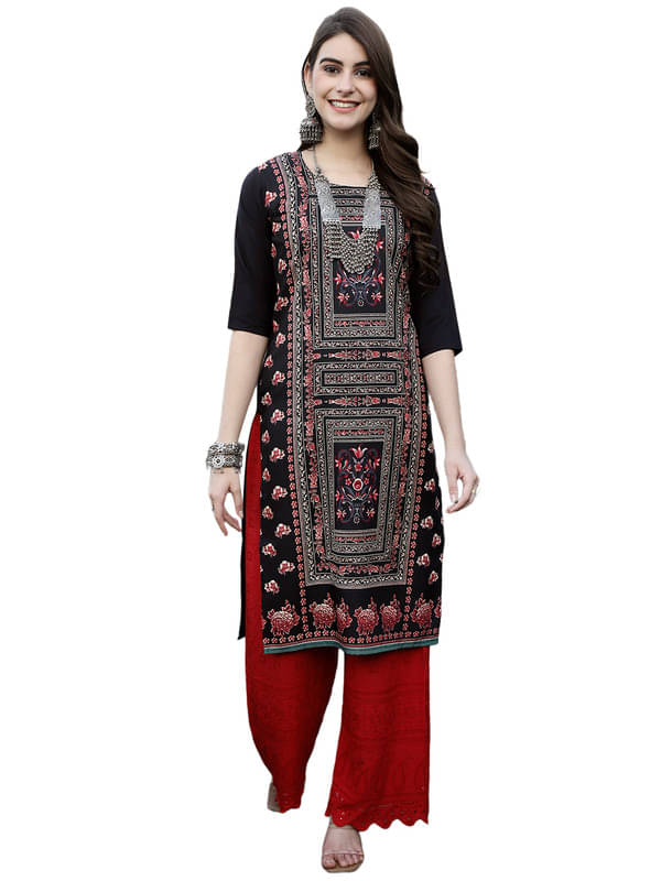 1 Stop Fashion Pack of 1 Crepe Printed Nayra Women's Kurti - ( Black ) 1 Stop Fashion Pack of 1 Crepe Printed Nayra Women's Kurti - ( Black )