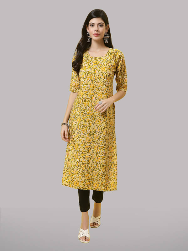 1 Stop Fashion Pack of 1 Crepe Printed Straight Women's Kurti - ( Yellow ) 1 Stop Fashion Pack of 1 Crepe Printed Straight Women's Kurti - ( Yellow )
