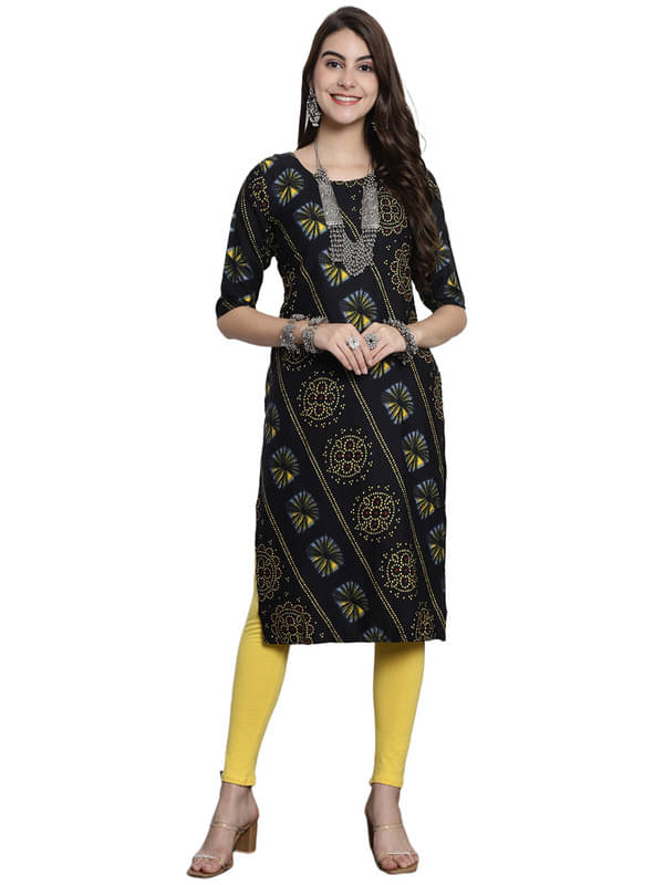     			1 Stop Fashion Pack of 1 Crepe Printed Straight Women's Kurti - ( Yellow & Black )