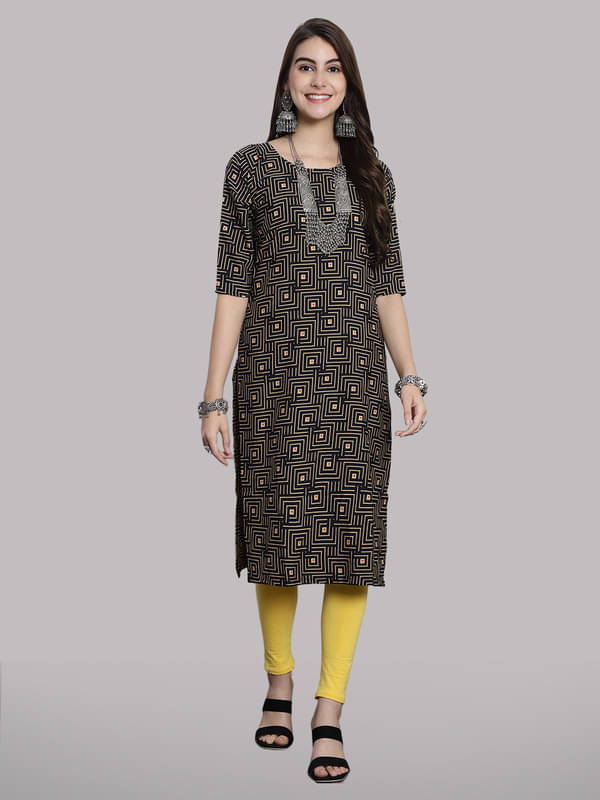 1 Stop Fashion Pack of 1 Crepe Printed Straight Women's Kurti - ( Yellow & Black ) 1 Stop Fashion Pack of 1 Crepe Printed Straight Women's Kurti - ( Yellow & Black )