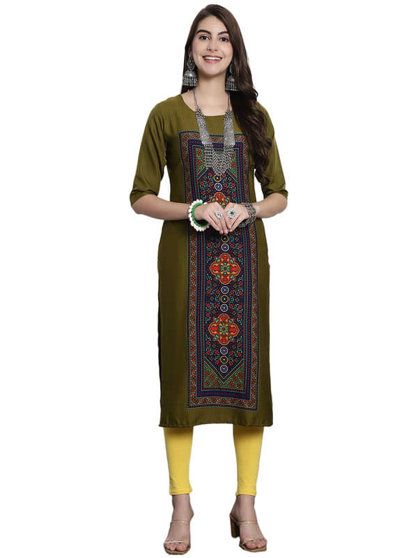 1 Stop Fashion Pack of 1 Crepe Printed Nayra Women's Kurti - ( Olive ) 1 Stop Fashion Pack of 1 Crepe Printed Nayra Women's Kurti - ( Olive )