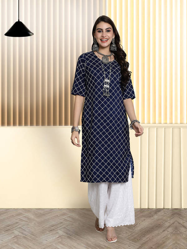 1 Stop Fashion Pack of 2 Crepe Printed Straight Women's Kurti - ( Navy ) 1 Stop Fashion Pack of 2 Crepe Printed Straight Women's Kurti - ( Navy )