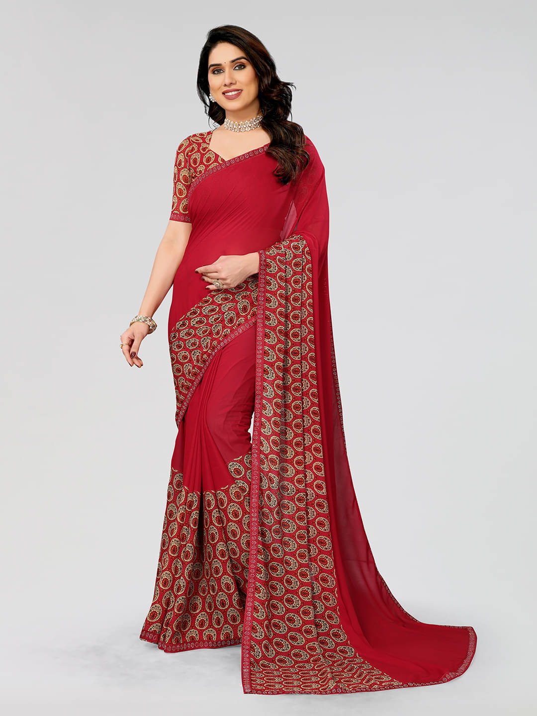 ANAND SAREES Georgette Printed Saree With Unstitched Blouse Piece ( Maroon ) ANAND SAREES Georgette Printed Saree With Unstitched Blouse Piece ( Maroon )