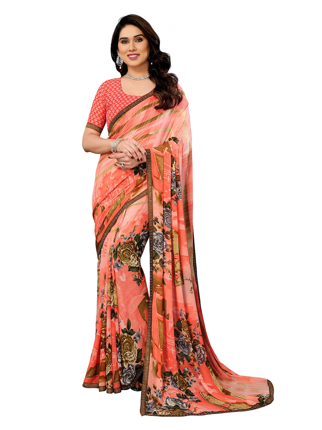 ANAND SAREES Georgette Printed Saree With Unstitched Blouse Piece ( Orange ) ANAND SAREES Georgette Printed Saree With Unstitched Blouse Piece ( Orange )
