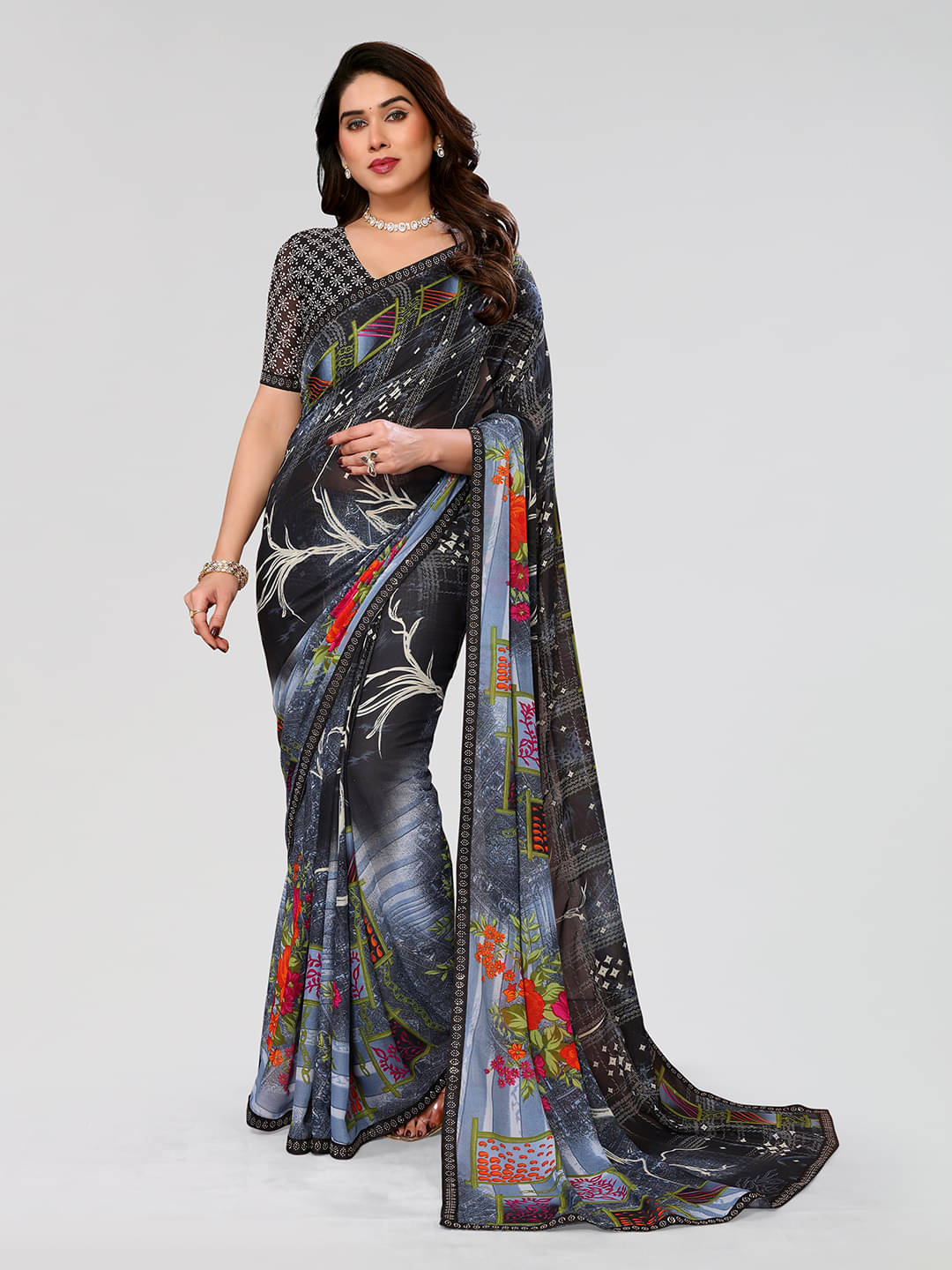 ANAND SAREES Georgette Printed Saree With Unstitched Blouse Piece ( Black ) ANAND SAREES Georgette Printed Saree With Unstitched Blouse Piece ( Black )