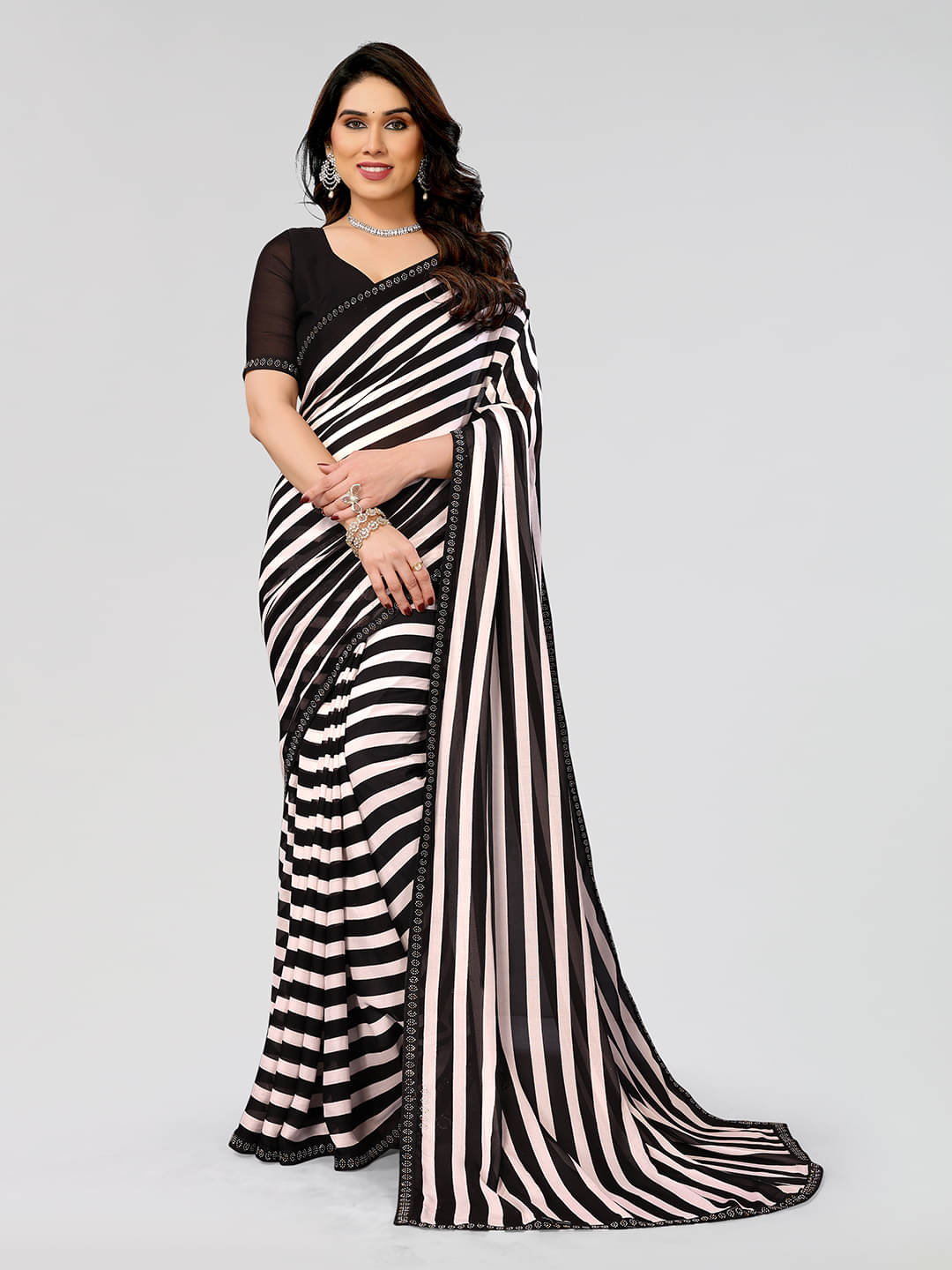     			ANAND SAREES Georgette Striped Saree With Unstitched Blouse Piece ( Black )