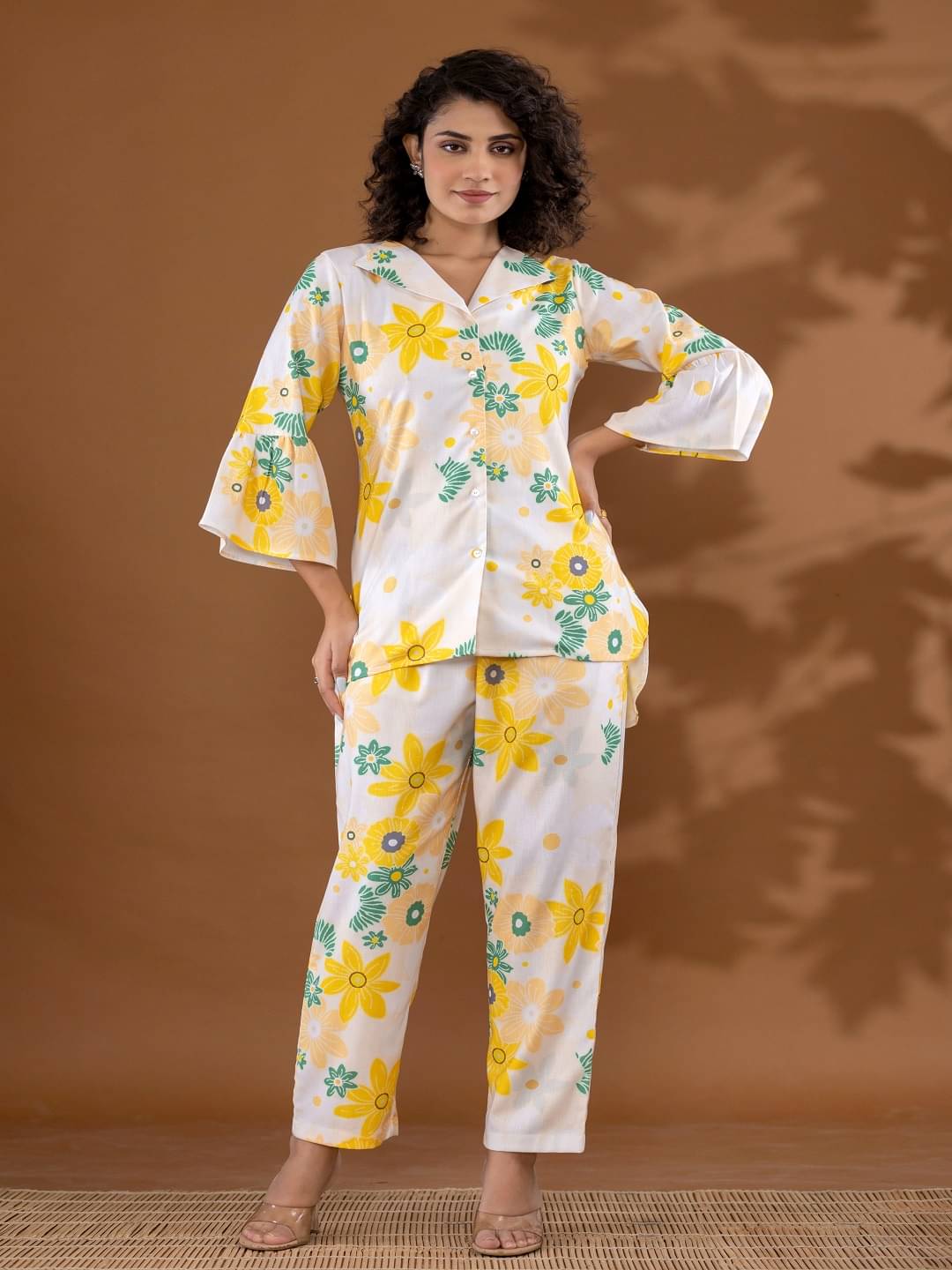     			Flamboyant Women Printed Shirt With Trousers Co-Ord Set ( Yellow )