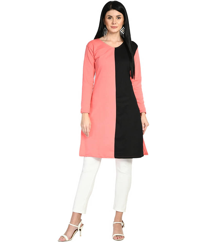 Indistar Pack of 1 Woollen Colorblock Straight Women's Kurti - ( Pink ) - Kurtis, Tunics | Buy online on ZillyBuy