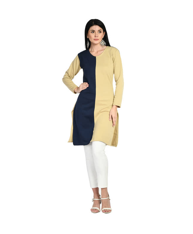 Indistar Pack of 1 Woollen Colorblock Straight Women's Kurti - ( Beige ) - Kurtis, Tunics | Buy online on ZillyBuy