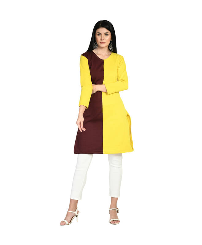     			Indistar Pack of 1 Woollen Colorblock Straight Women's Kurti - ( Yellow )
