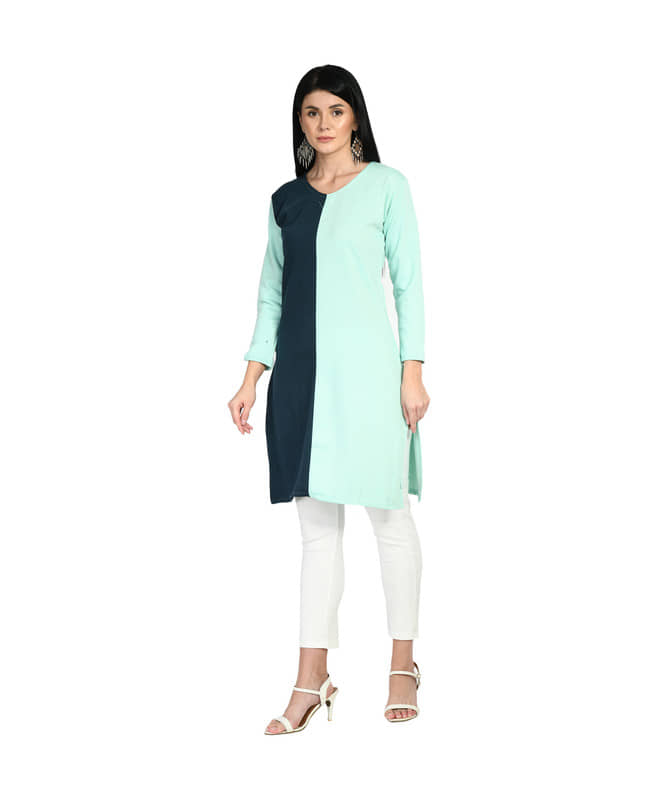 Indistar Pack of 1 Woollen Colorblock Straight Women's Kurti - ( Blue ) - Kurtis, Tunics | Buy online on ZillyBuy