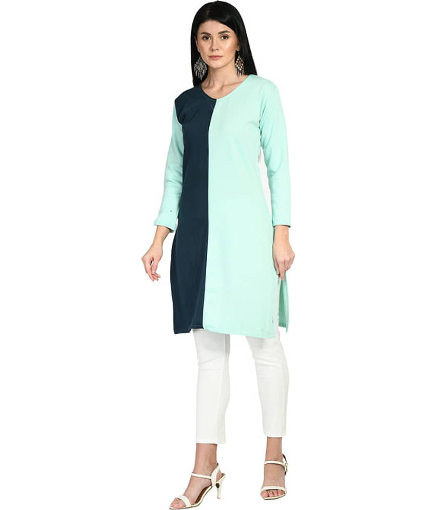 Indistar Pack of 1 Woollen Colorblock Straight Women's Kurti - ( Blue ) - Kurtis, Tunics | Buy online on ZillyBuy